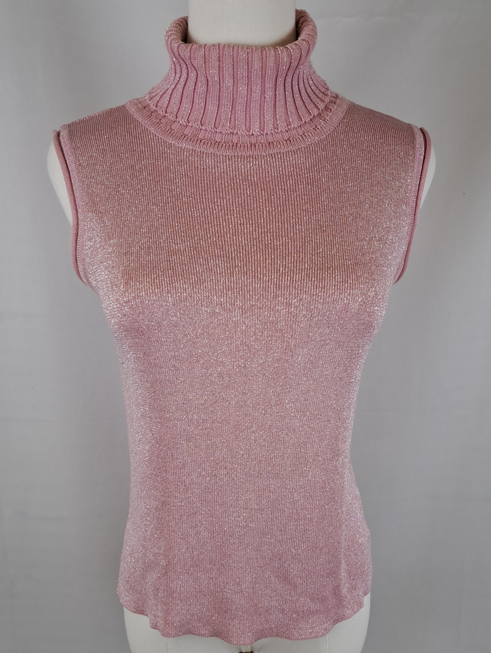 Joseph A Pink Metallic Silk Blend Shimmery Sleeveless Turtleneck Sweater Y2K M